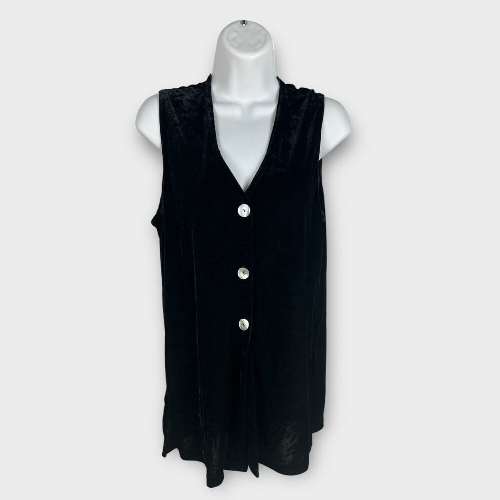 Vintage Black Crushed Velvet Longline Vest‎ Shell Buttons Women’s Small